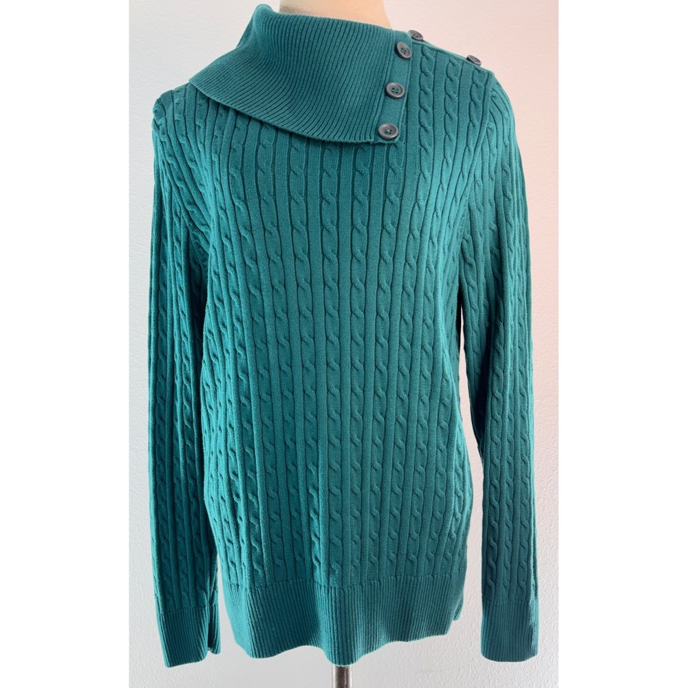 Y2K Croft & Barrow Teal Cable Knit Sweater‎ Button Cowl Neck Preppy Fisherman